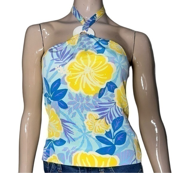 Lilly Pulitzer Vintage Size 2 Blue Yellow Hibiscus Floral Print Silk Halter Top - Picture 1 of 10